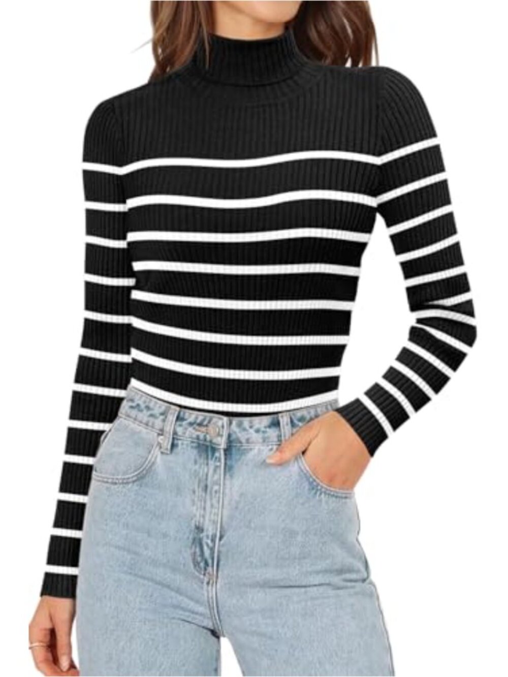 Women's Long Sleeve Turtleneck Ribbed Knit Tee, Slim Fit Casual Top